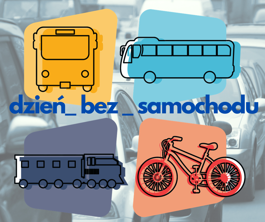 Grafiki przedstawiające autobus, pociąg, rower